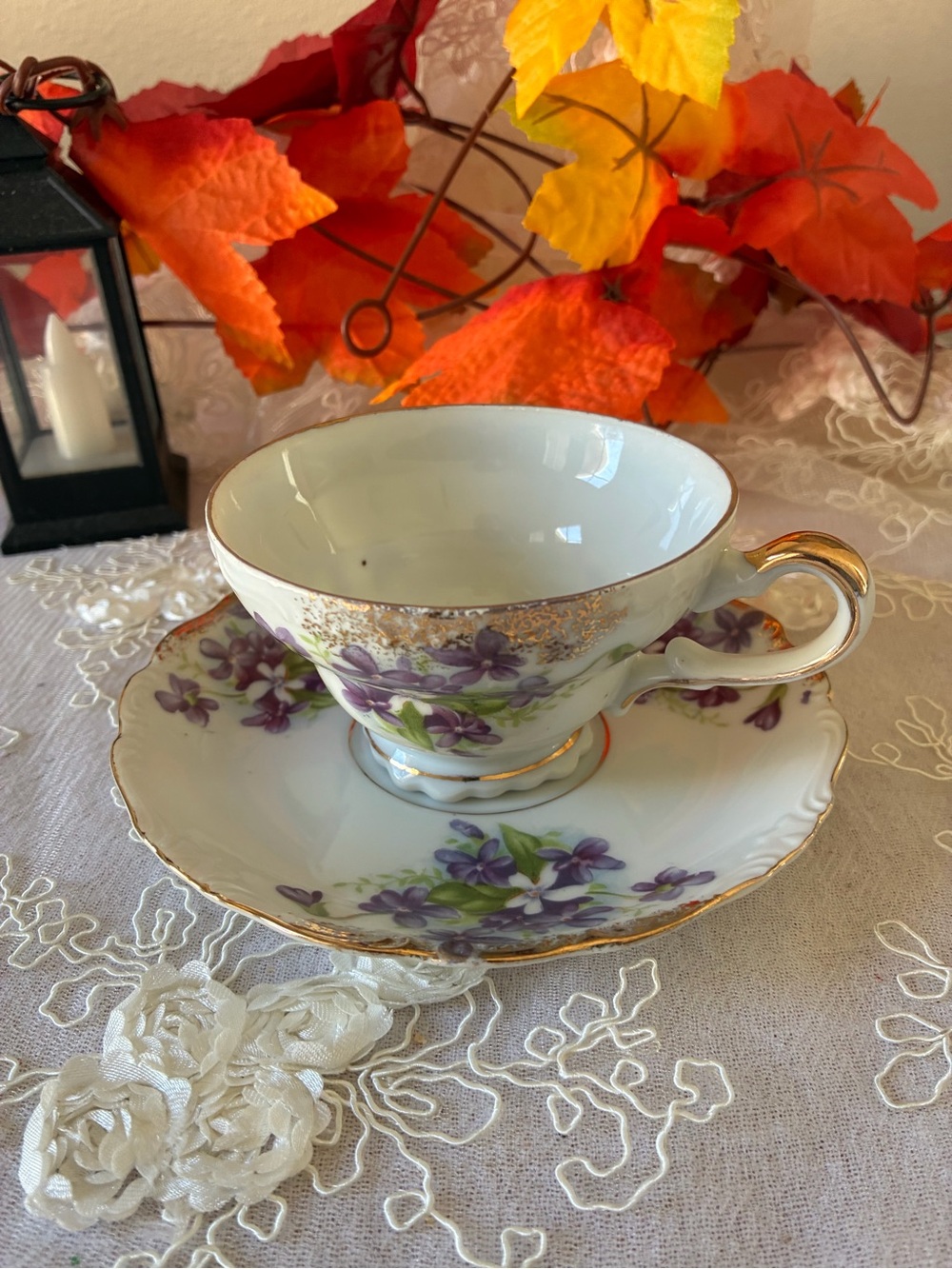 Vintage Floral Teacup and Saucer - Purple Violets with Gold Trim